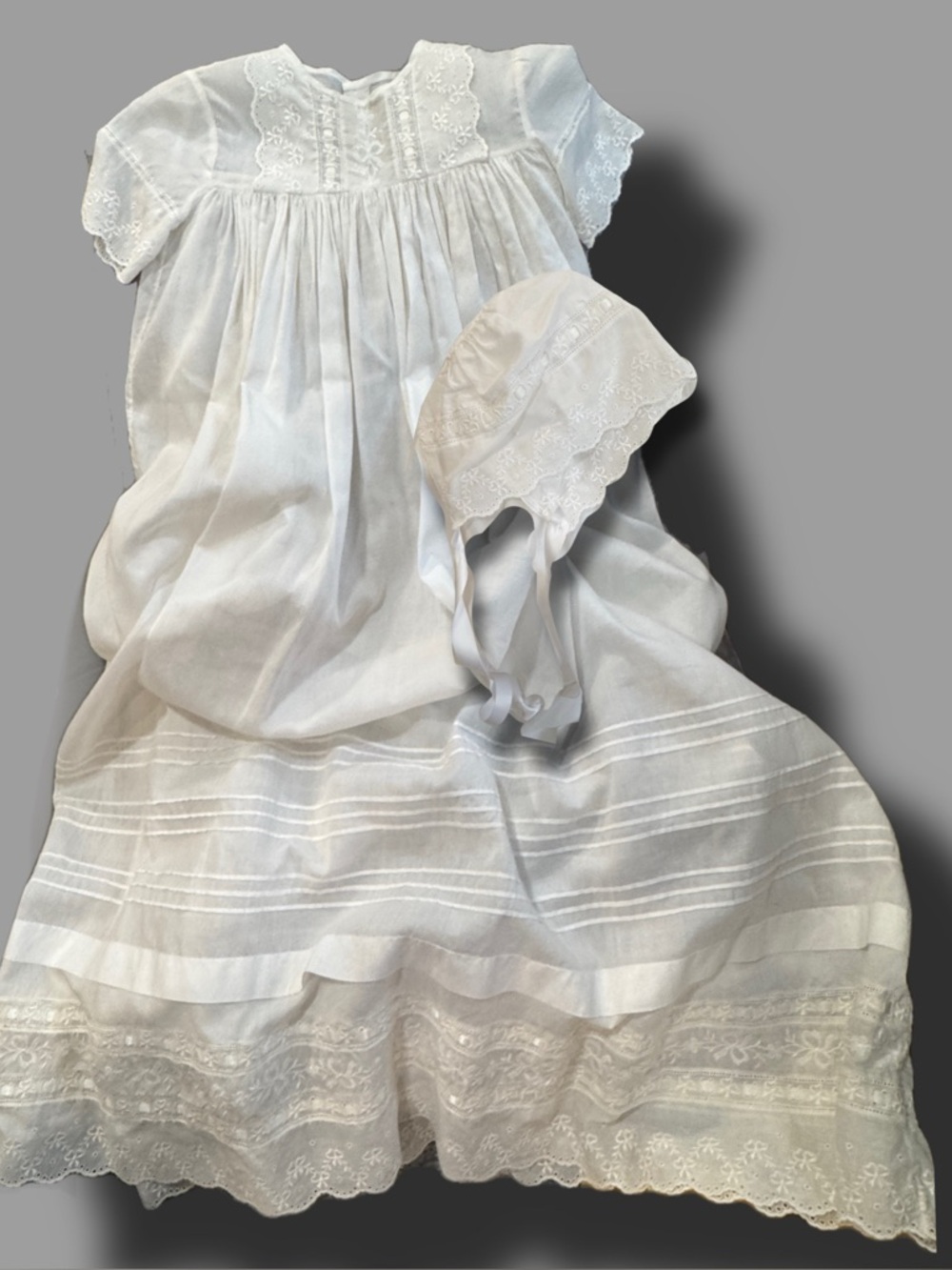 Vintage Heirloom Christening Gown Set w Bonnet White Lace Embroidered Dress